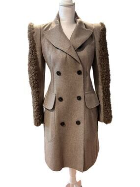 Carven Wool Blend Coat Kalgan Sleeves Double Breasted Taupe Grey EU 38